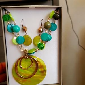 Necklace and earrings  set lifestyle studios green and teal/ blue-green